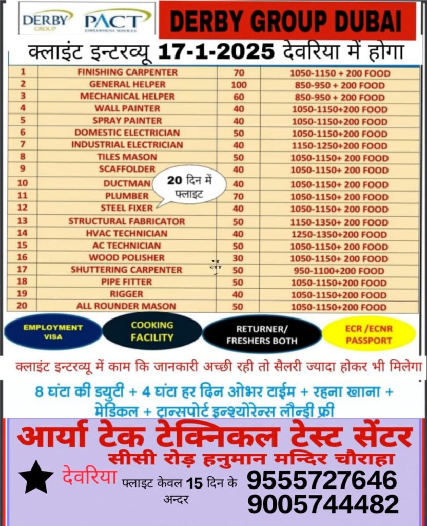 क्लाइंट इंटरव्यू दुबई के लिए...... कम्पनी डर्बी ग्रुप दुबई फ्लाइट केवल 15 दिन के अन्दर जिसे भी इंटरव्यू देना है वह नीचे दिए गए नंबर पर संपर्क करें।